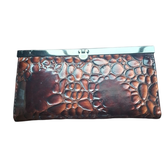 Brown Croc Embossed Shiny Long Clutch Wallet - Picture 1 of 9